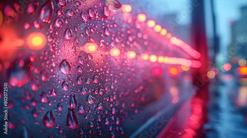 Night photography of the urban landscape, close-up on raindrops reflecting neon lights, city's hidden beauty photo
