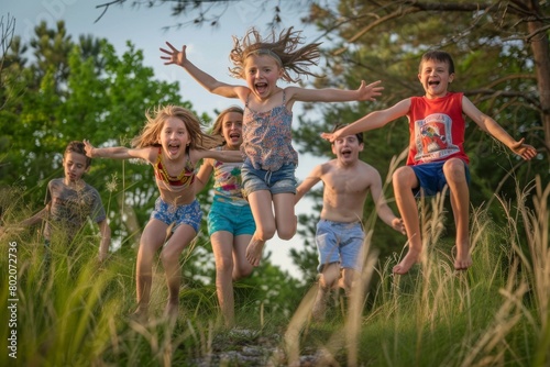 Group of happy children jumping and having fun on the nature. Selective focus.