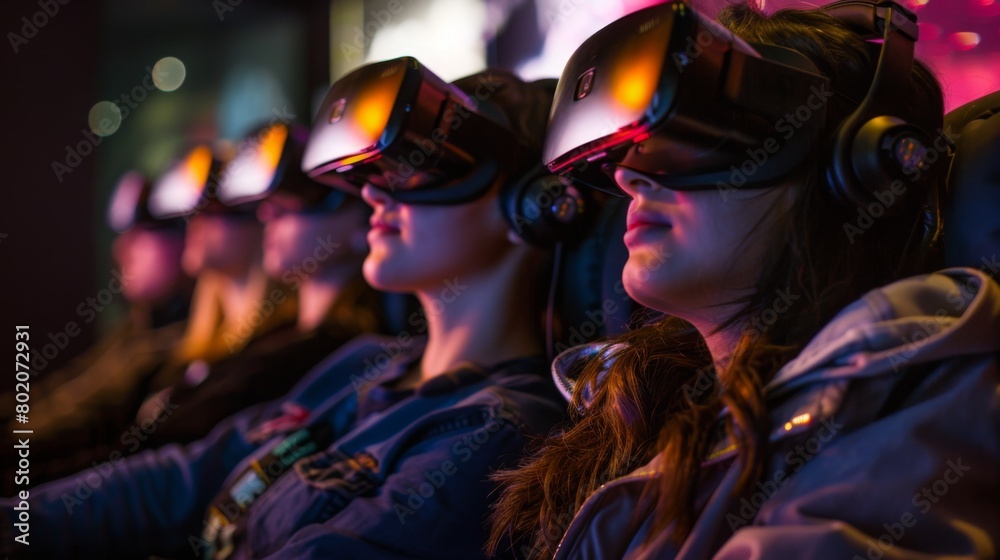 A group of people engrossed in a VR session, wearing headsets and immersed in a digital world. A group of people engrossed in a VR session, wearing headsets and immersed in a digital world.