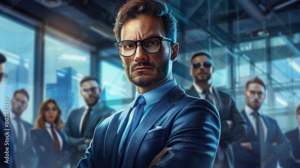 Portrait of businessman leading his team at office hyper realistic Portrait of businessman leading his team at office hyper realistic