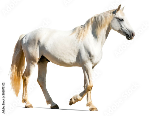 albino Pferd auf vier beinen isoliert auf wei  en Hintergrund  Freisteller 