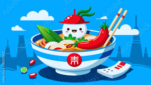 a kawai bowl of  ramen wit face and a chille, made with glass and it seas "emilio" in japanis