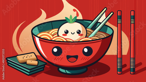a kawai bowl of  ramen wit face and a chille, made with glass and it seas "emilio" in japanis