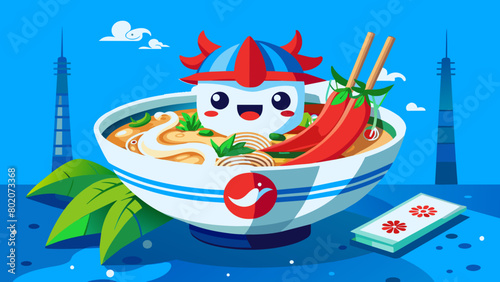 a kawai bowl of  ramen wit face and a chille, made with glass and it seas "emilio" in japanis