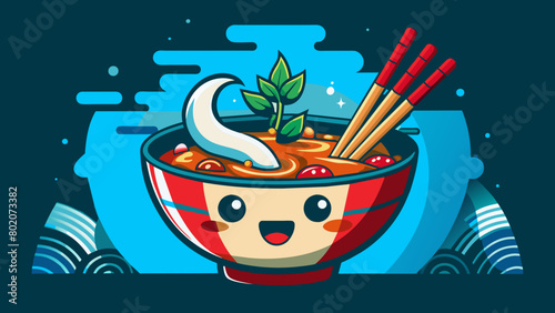 a kawai bowl of  ramen wit face and a chille, made with glass and it seas "emilio" in japanis