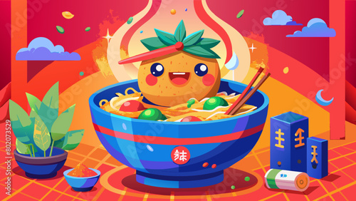 a kawai bowl of  ramen wit face and a chille, made with glass and it seas "emilio" in japanis