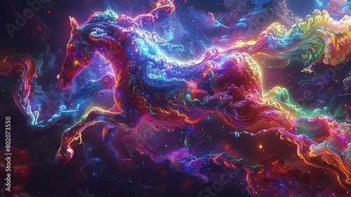 Vibrant cosmic horse galloping through a nebula, with a mesmerizing mix of colors photo