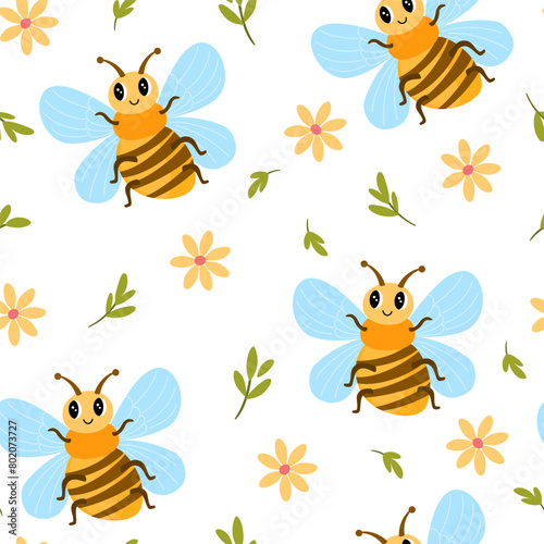 Seamless pattern of bee, flowers and green leaf on white background vector illustration. © PawLoveArt