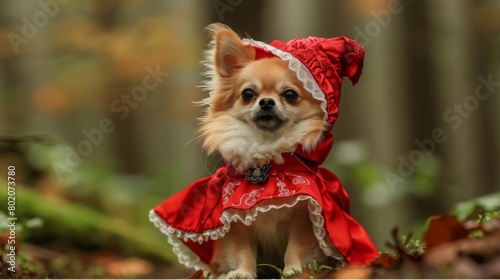 A Chihuahua clad in a Little Red Riding Hood costume stands amidst fall leaves.
