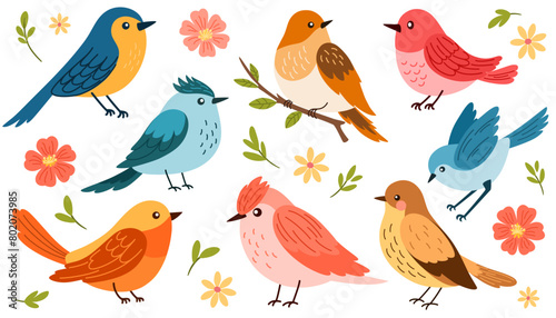 Spring birds set. Different beautiful birdie with flowers and branch. Vector cartoon illustration in childish style isolated on white.