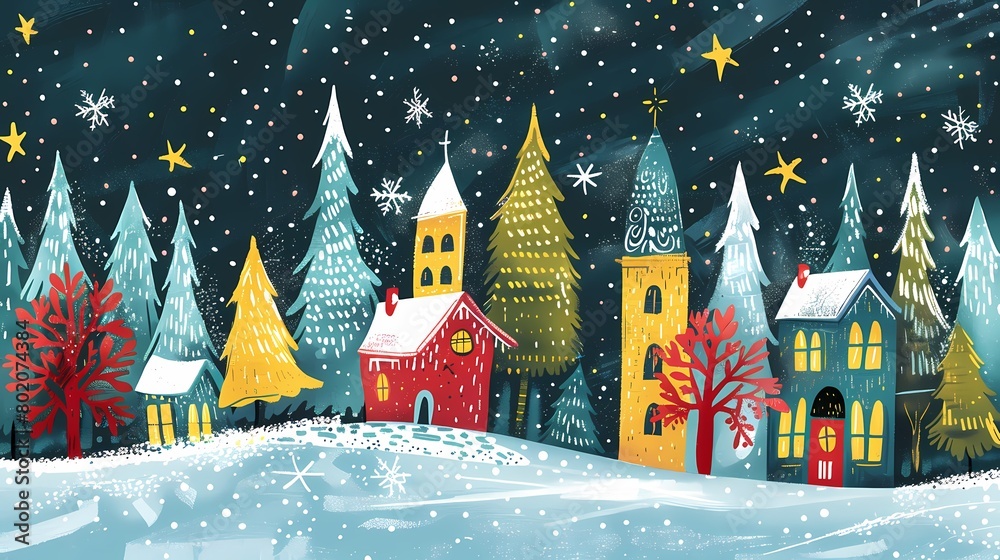 Fototapeta premium Snow village illustration poster background