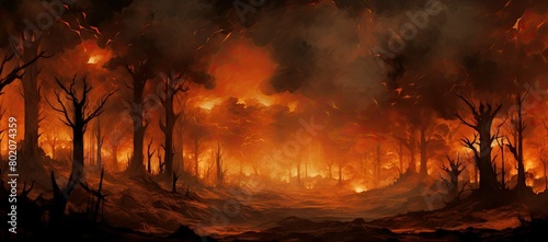 A painting of a fire burning in a forest