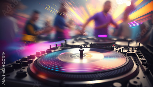 Music party poster with close up DJ turntable and blurred background.