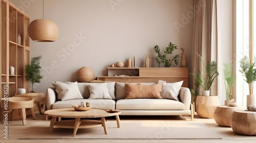 Home interior mock up, cozy modern room with natural wooden furniture, 3d render   © Noorul