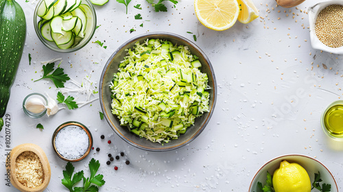 Bowl with grated zucchini and ingredients photo