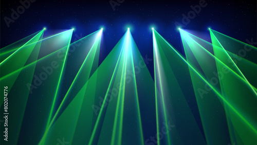 Laser light show. Bright led laser green beams, dj light party. Green led strobes on a blue lit stage. Background, backdrop for displaying products, image montage. Vector illustration