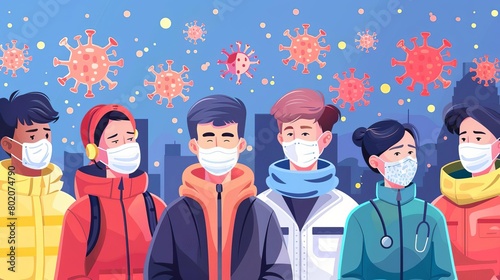 Crowd of people wearing medical masks banner Preventive measures, human protection from pneumonia outbreak Coronavirus epidemic concept Respiratory disease, virus spread Vector illustration