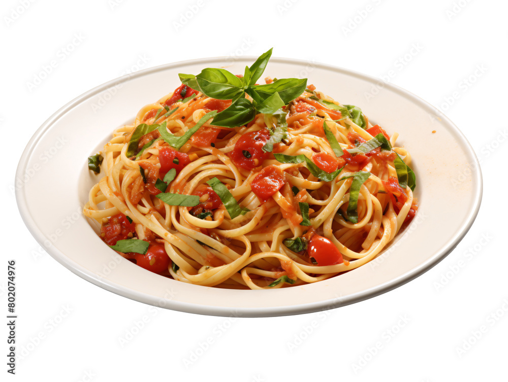 a plate of pasta with basil and tomatoes