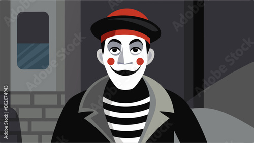 In a street performance a mime wears a mask with a permanent unsettling grin representing the manipulative nature of the character they are.