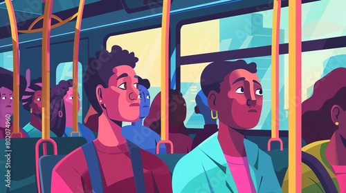 Different cartoon people go by public transport vector flat illustration Crowd of passengers characters inside city bus Colored man and woman at train interior