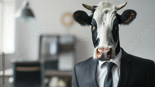 Cow in a business suit, office environment. © vlntn