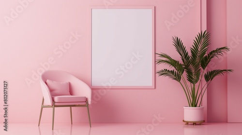 Frame mockup  simple and modern cozy chair home interior background  wall poster frame mockup  3D render