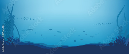 海中に広がるシンプルなサメや魚群の風景素材
横長