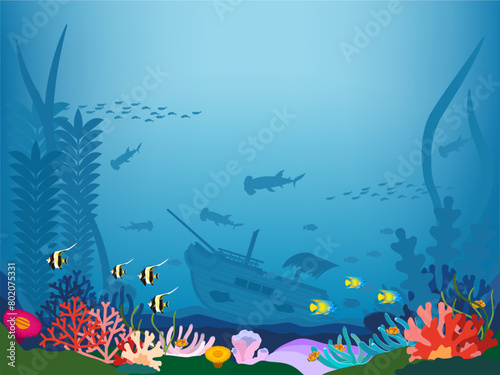 珊瑚礁の海中に漂う熱帯魚と沈没船の背景素材　