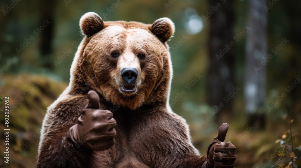 Portrait of friendly bear making thumbs up.