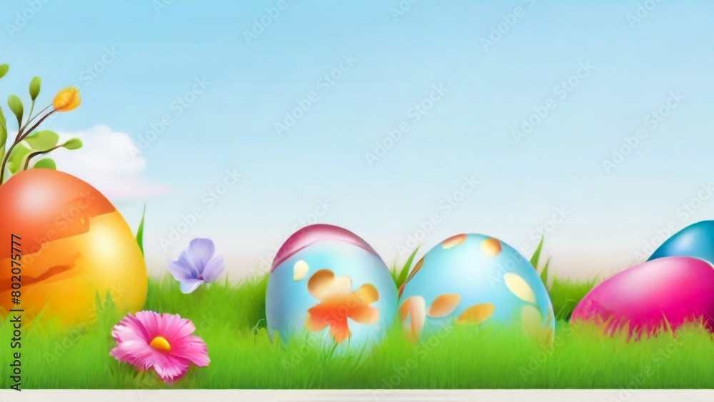 Bright Easter eggs and spring flowers on green grass outdoors



