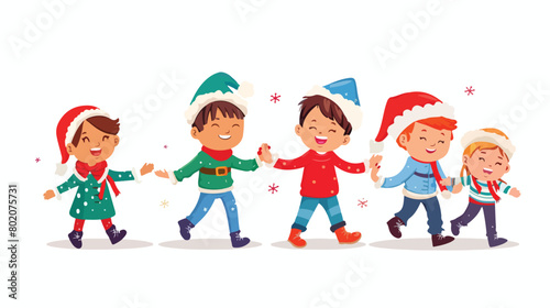 Little children in Santa hats holding hands on white
