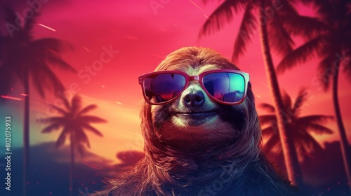 Sloth with colorful neon retrowave background. © vlntn