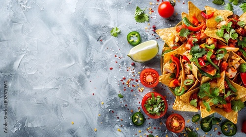 Typical Homemade Juicy Mexican nachos with fresh vegetables and chicken with strong light on clean background. Healthy food