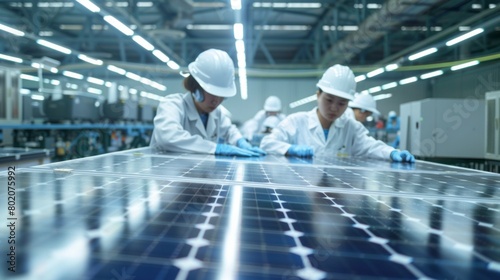 Solar panel manufacturing, workers preparing a solar panel. Checking the quality of finished panels