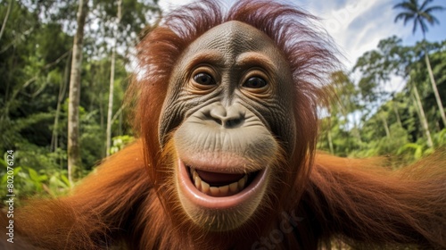 Close-up selfie portrait of an orangutan.