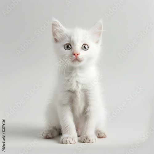 White kitten with blue eyes sitting on gray background. Studio shot.