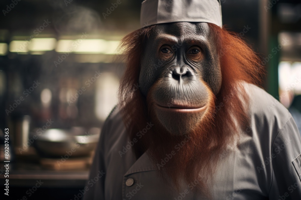 Orangutan as a chef cook in a restaurant kitchen. Orangutan as a chef cook in a restaurant kitchen.