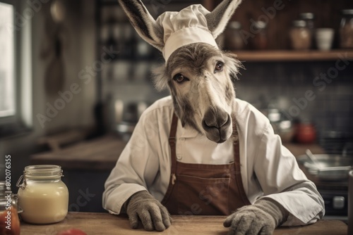 Donkey as a chef cook in a restaurant kitchen.