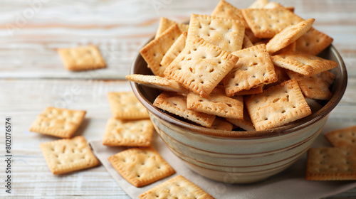 Bowl with tasty different crackers on light wooden background