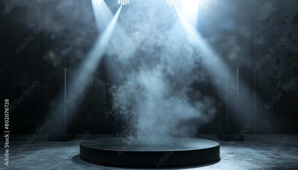 A dramatic black podium surrounded by smoke and spotlight effects, creating a mysterious and dark stage suitable for showcasing products in an abstract, textured environment