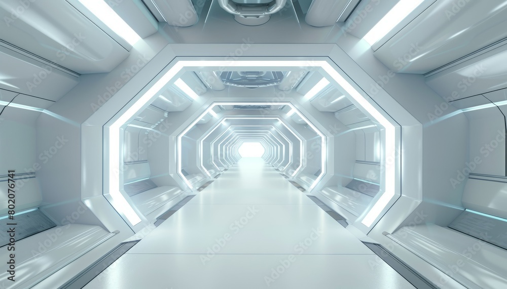 Obraz premium A futuristic white 3D room with neon lighting, creating an abstract space that resembles a technology tunnel or a modern interior corridor with silver and gray accents