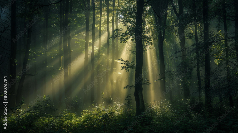 Fototapeta premium Luminous Woods: Finding Light Amidst Shadows. Generative AI