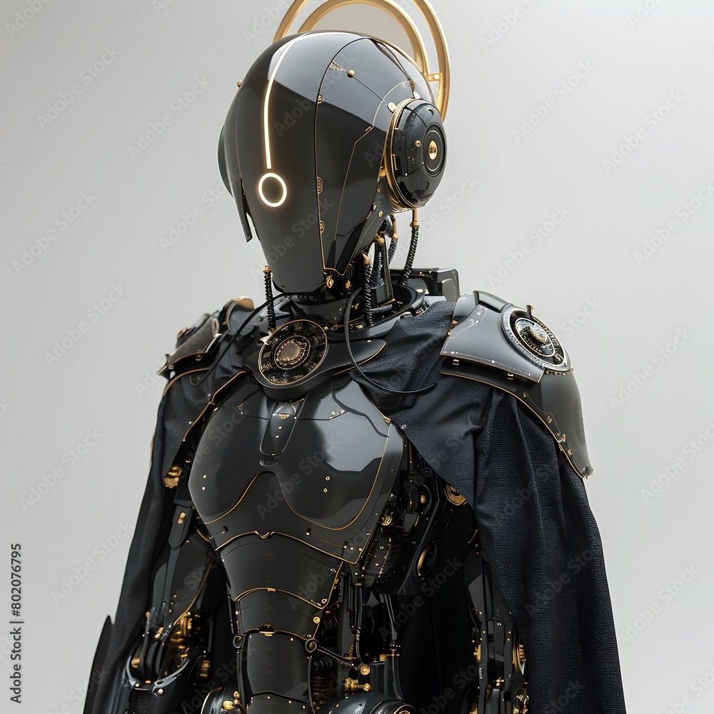 Mystic Mechanization - A Black Robot Priest Adorned with a Halo against a Solid White Background Mystic Mechanization - A Black Robot Priest Adorned with a Halo against a Solid White Background