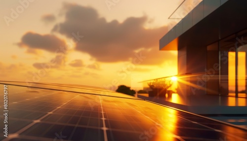 An eco-friendly solar panel setup on a rooftop, representing green energy solutions with photovoltaic cells and a sunset backdrop, ideal for themes of sustainability and technology