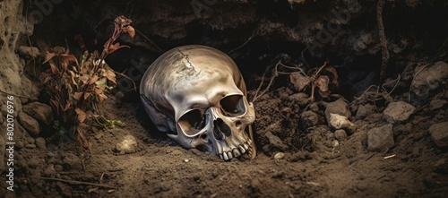 Human skull in cave