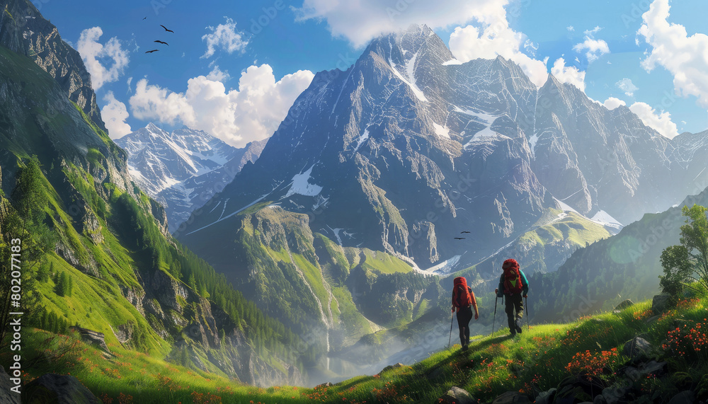 A mountainous backdrop with active hikers, ideal for adventure and travel-themed projects, capturing the essence of summer trekking, modern style, sunlight, elegant, hyper realistic, vibrant colors