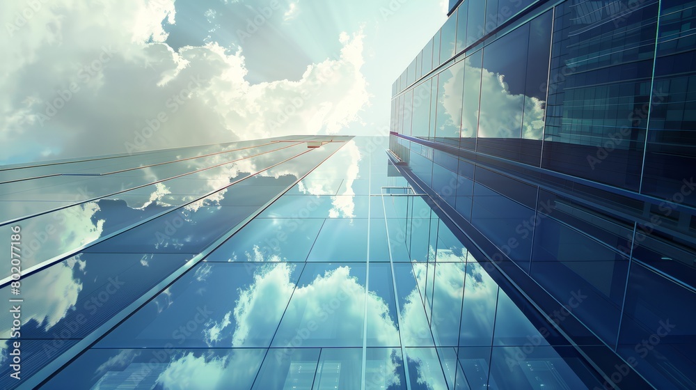 Modern office building or business center. High-rise windor buildings made of glass reflect the clouds and the sunlight. empty street outside. wall modernity civilization. growing up business Modern office building or business center. High-rise windor buildings made of glass reflect the clouds and the sunlight. empty street outside. wall modernity civilization. growing up business