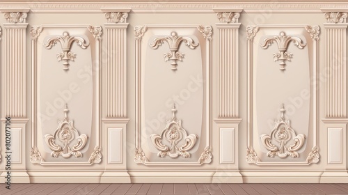 Wood floor with baseboard and beige wall molding in an apartment or library. Showroom wallpaper pattern. Elegant moulding relief in the hall.