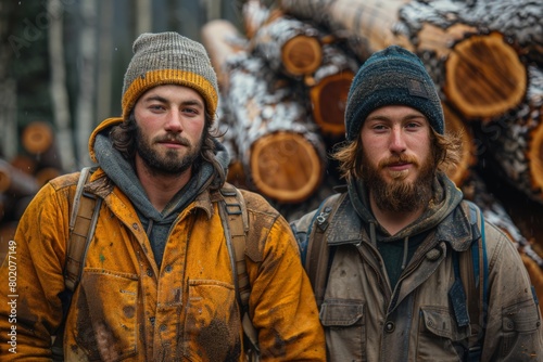 Portrait of two rugged men standing with a backdrop of stacked wood logs in a forest setting © Dacha AI