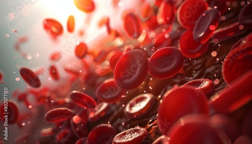 A detailed 3D illustration of red blood cells flowing through veins, suitable for medical presentations related to hematology or vascular health